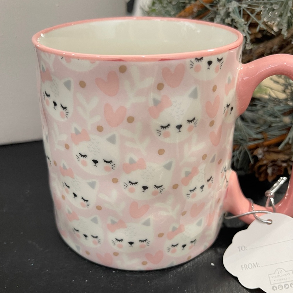 Valentine’s Pink Cats Pink Bows & Hearts 💕White Cat Bella Ceramic Coffee Mug NwT